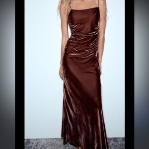Zara NEW velvet midi strappy dress brown 9196/070
